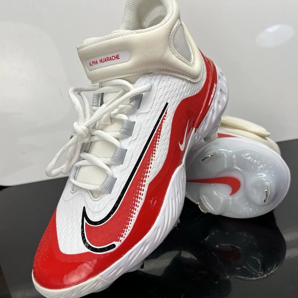 Nike Alpha Huarache Elite 4 Mid FD2744-105 White Red Baseball Cleats Mens Size 7